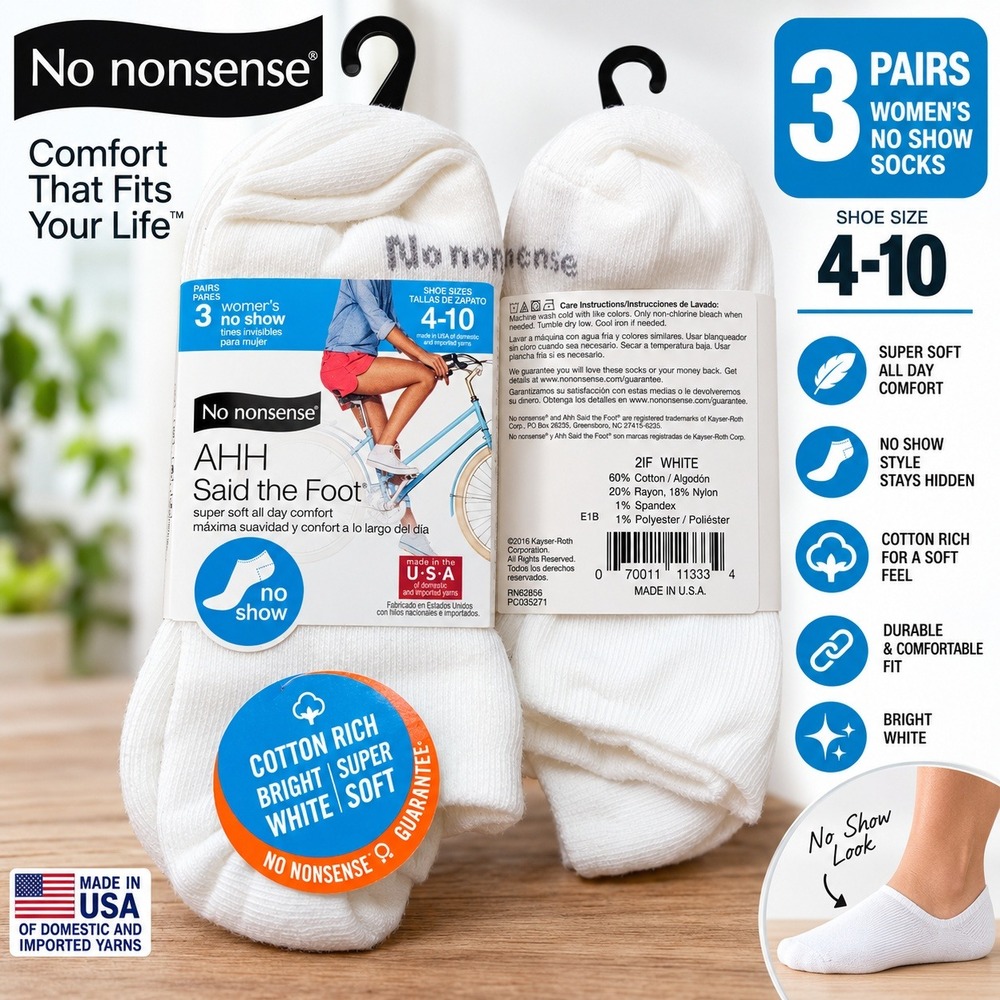 No nonsense Ahh Said the Foot Womens No Show Socks 3 Pairs White Size 4-10 USA